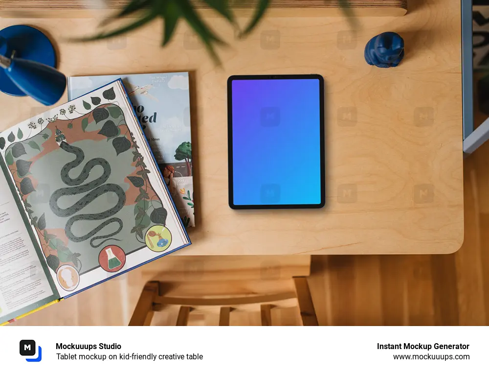 Tablet mockup on kid-friendly creative table