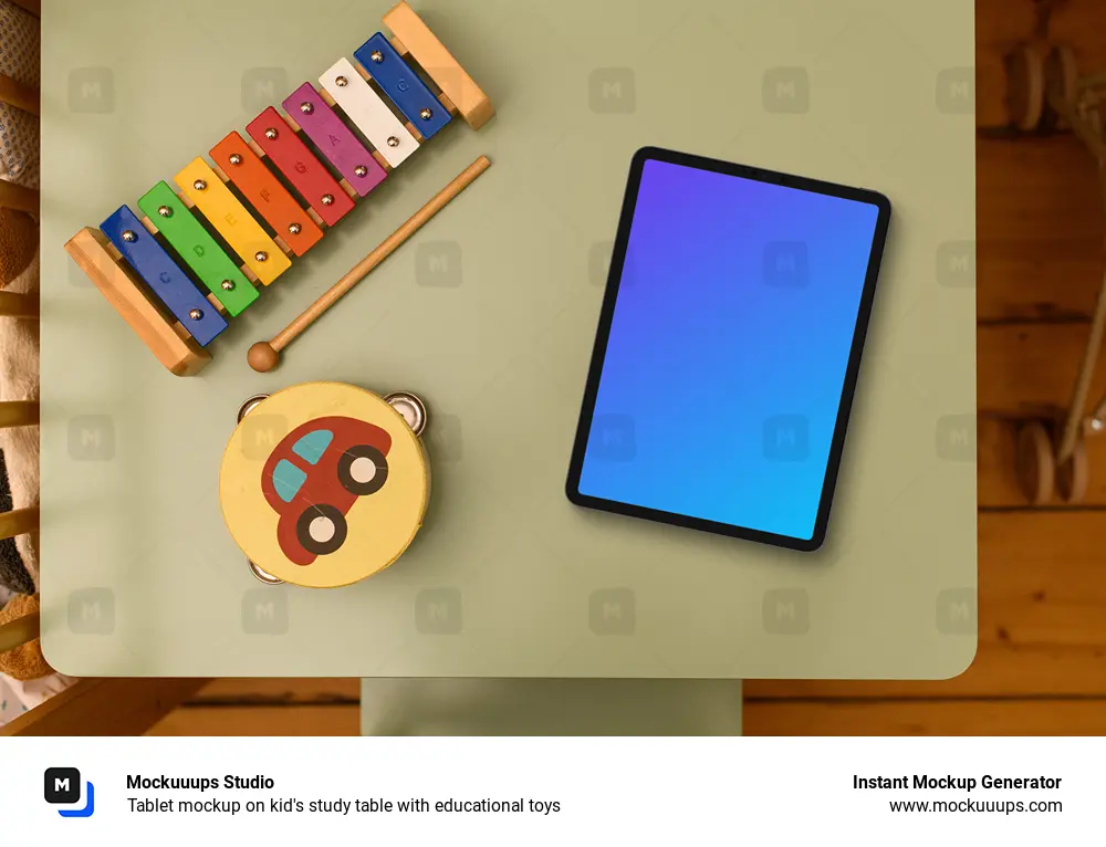 Tablet mockup on kid's study table with educational toys