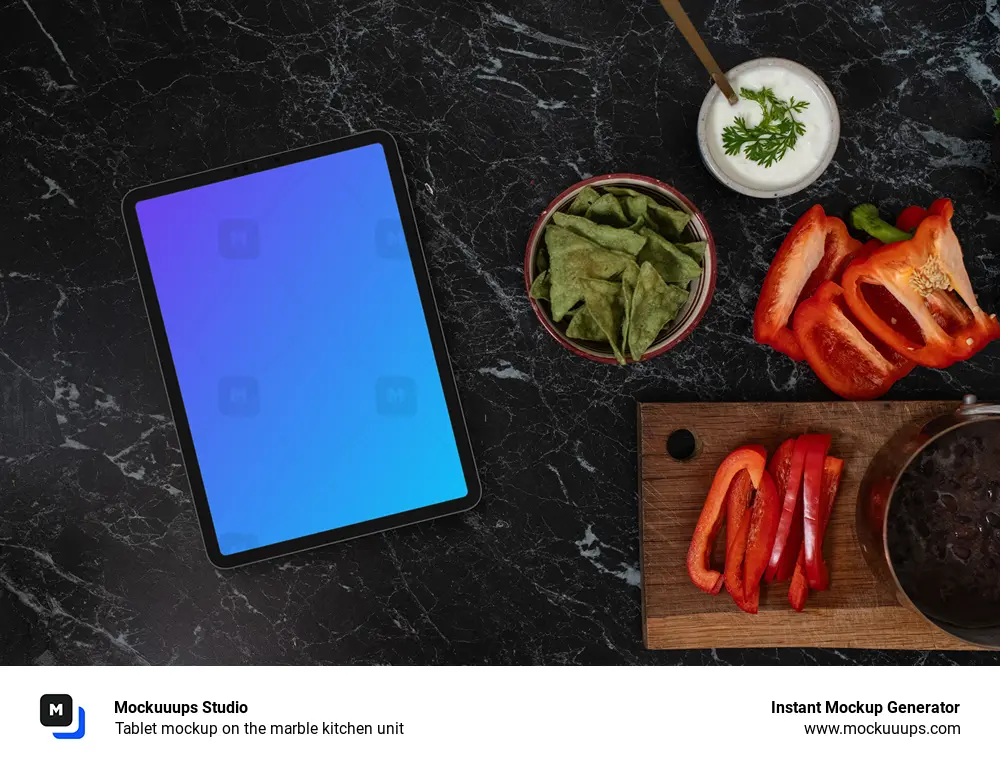 Tablet mockup on the marble kitchen unit