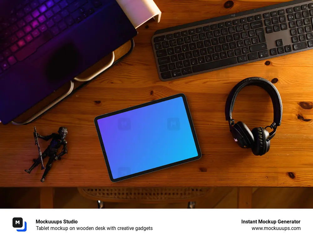 Tablet mockup on wooden desk with creative gadgets