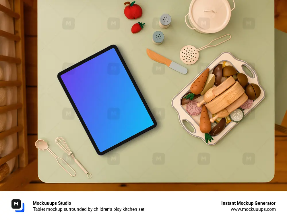 Tablet mockup surrounded by children’s play kitchen set