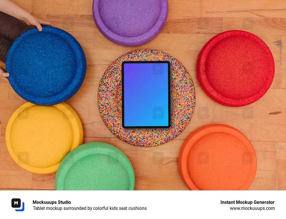 Tablet mockup surrounded by colorful kids seat cushions