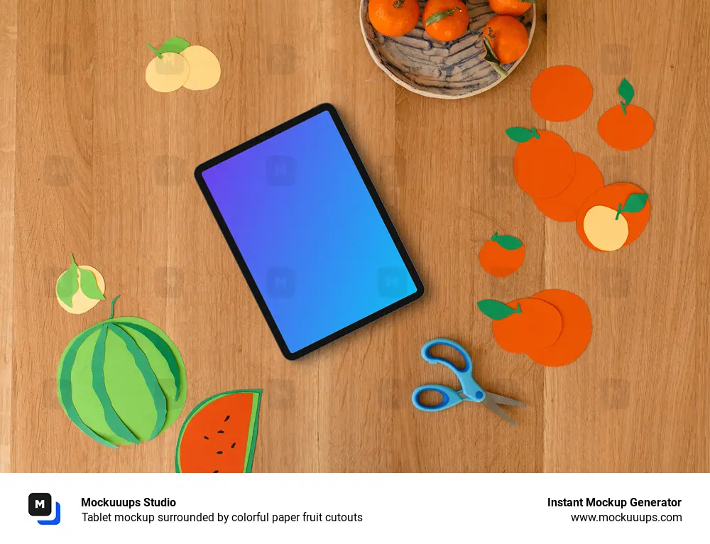 Tablet mockup surrounded by colorful paper fruit cutouts