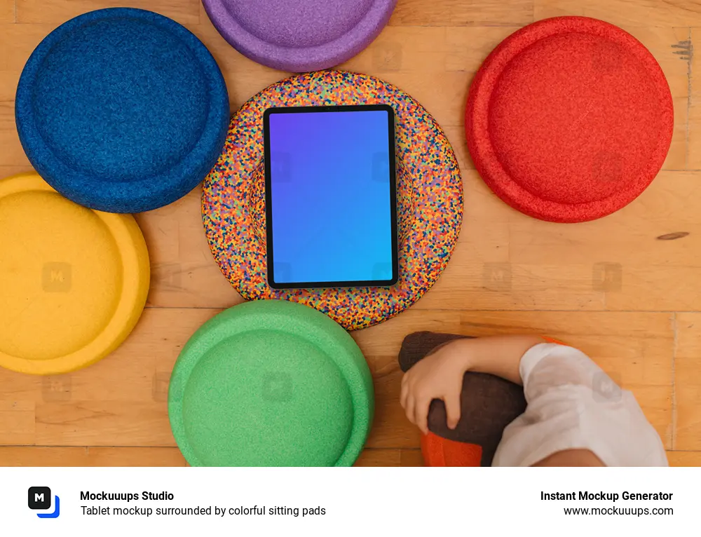 Tablet mockup surrounded by colorful sitting pads