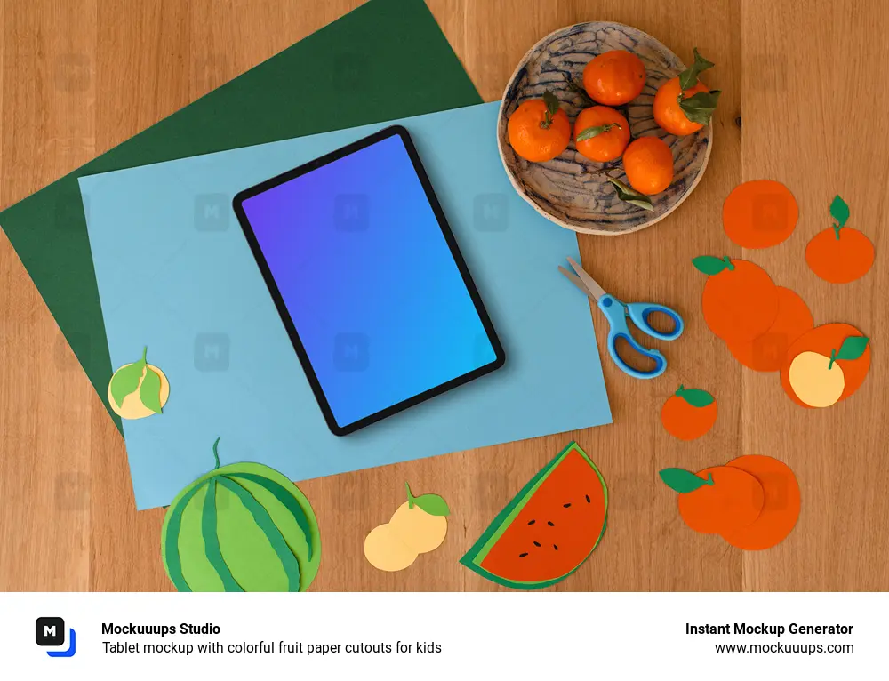 Tablet mockup with colorful fruit paper cutouts for kids