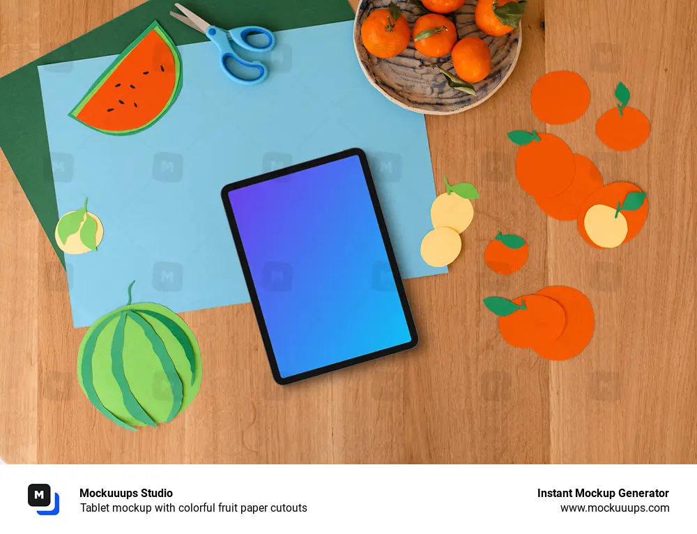 Tablet mockup with colorful fruit paper cutouts