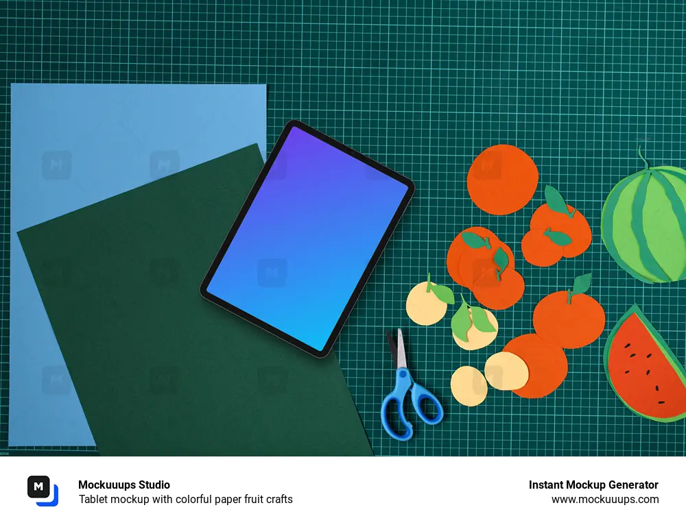 Tablet mockup with colorful paper fruit crafts