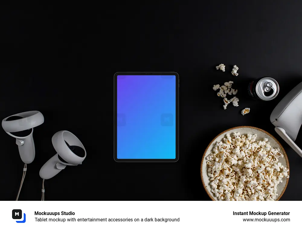 Tablet mockup with entertainment accessories on a dark background