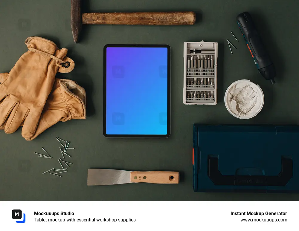 Tablet mockup with essential workshop supplies