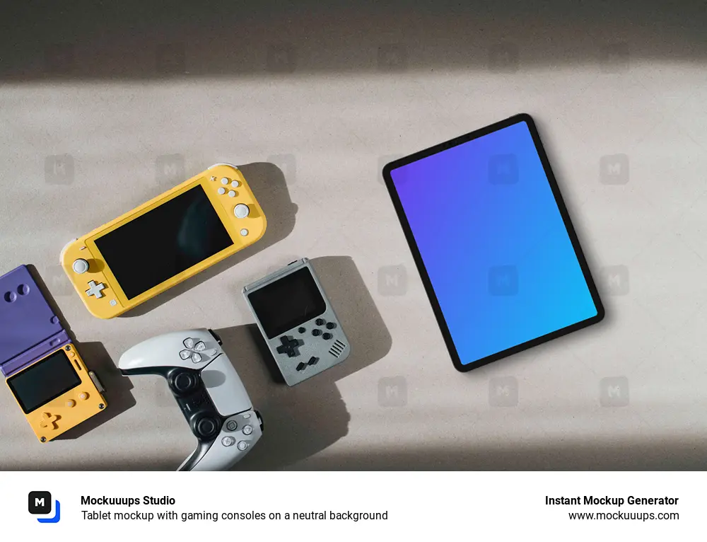 Tablet mockup with gaming consoles on a neutral background