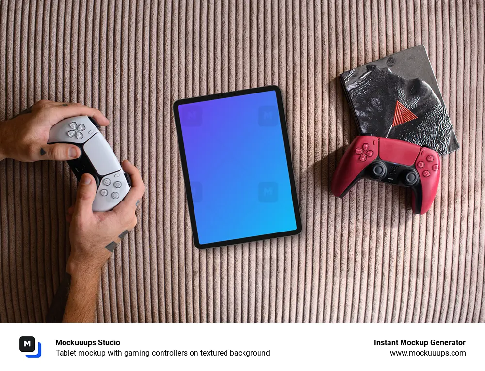 Tablet mockup with gaming controllers on textured background