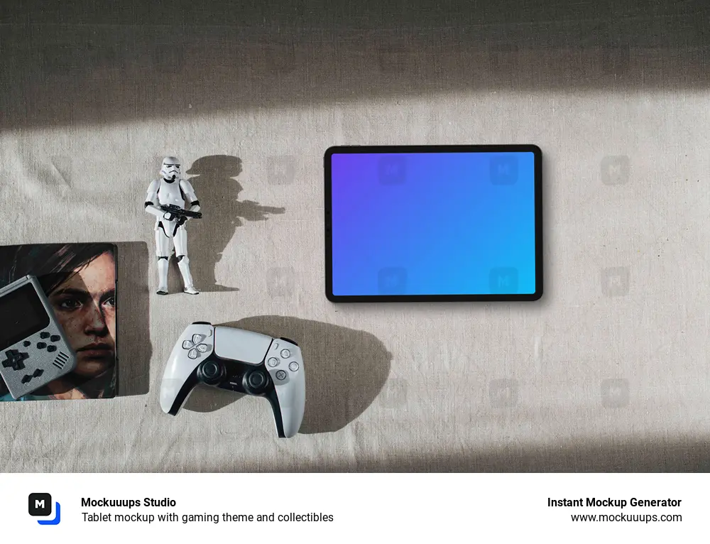 Tablet mockup with gaming theme and collectibles