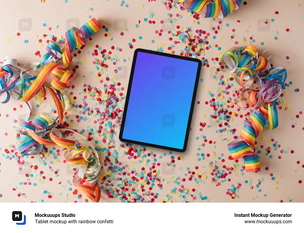 Tablet mockup with rainbow confetti
