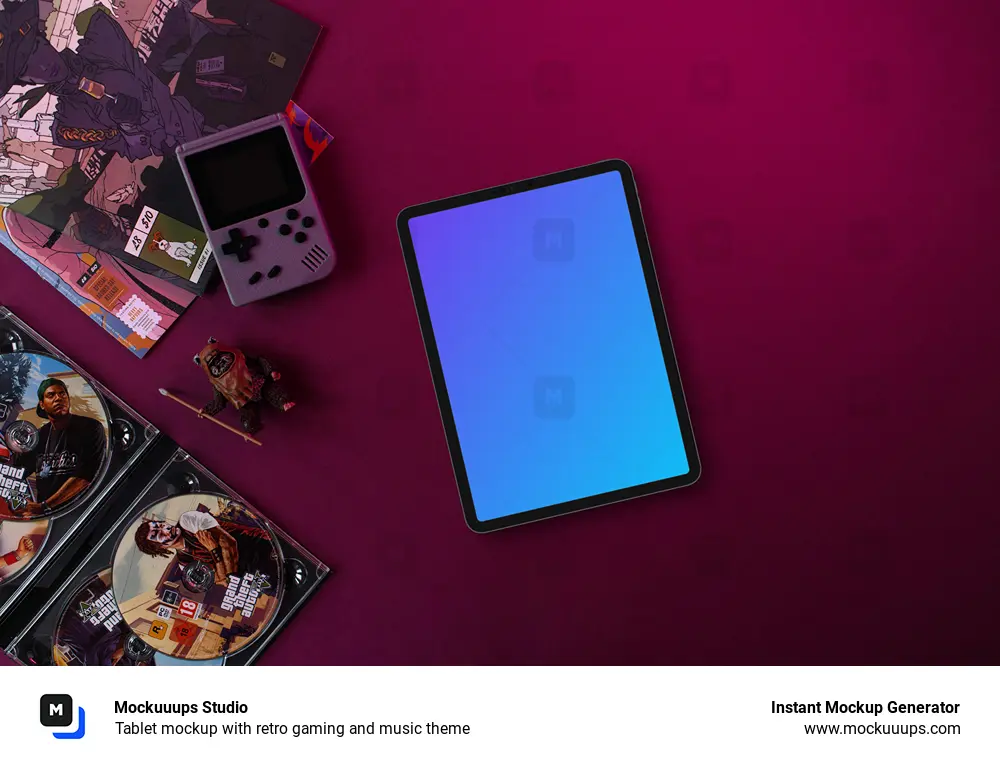 Tablet mockup with retro gaming and music theme