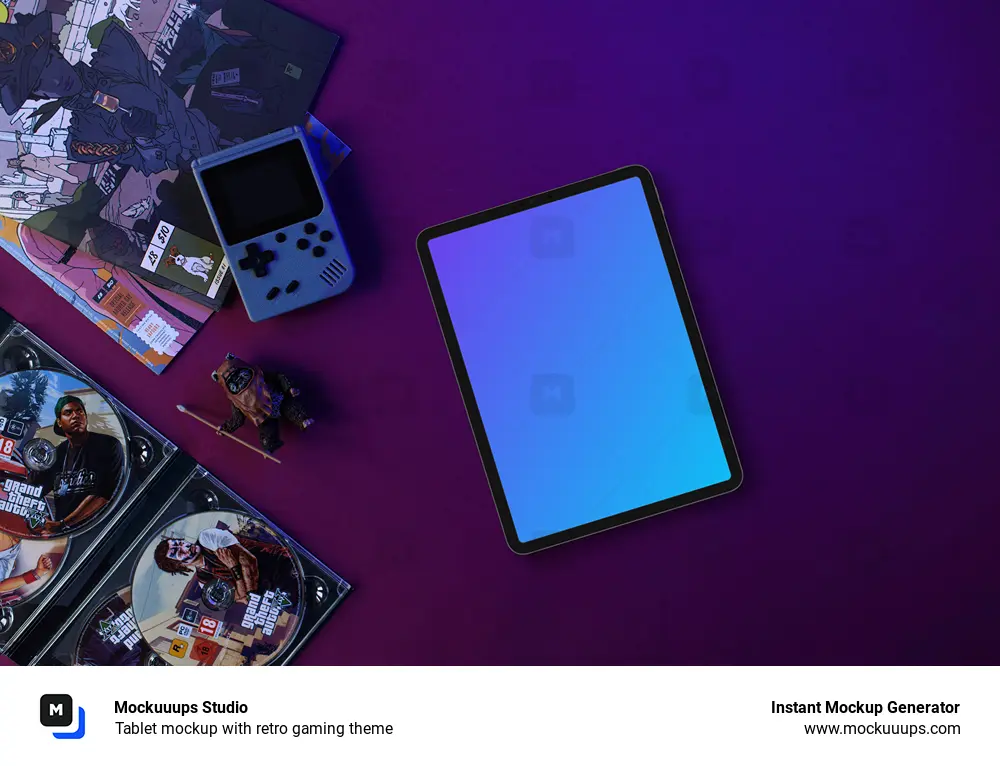 Tablet mockup with retro gaming theme