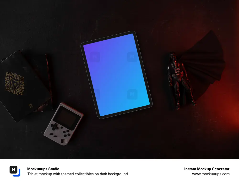 Tablet mockup with themed collectibles on dark background