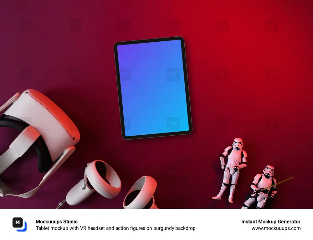 Tablet mockup with VR headset and action figures on burgundy backdrop