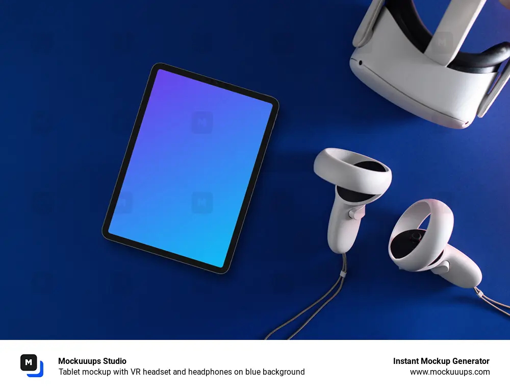 Tablet mockup with VR headset and headphones on blue background