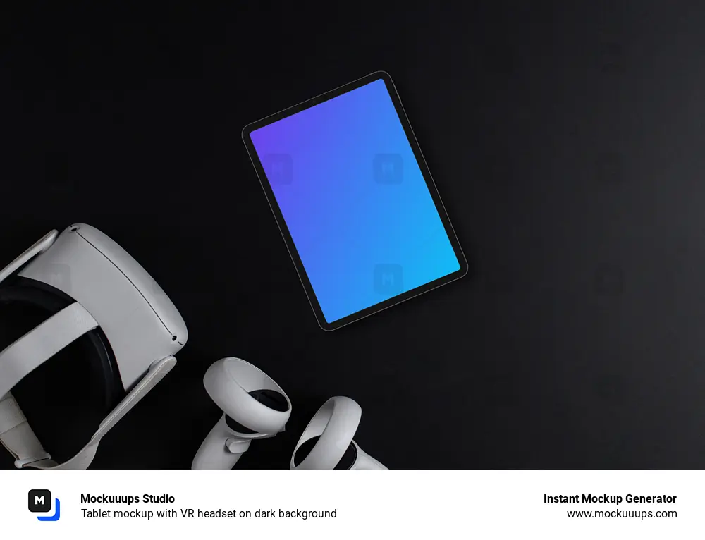 Tablet mockup with VR headset on dark background