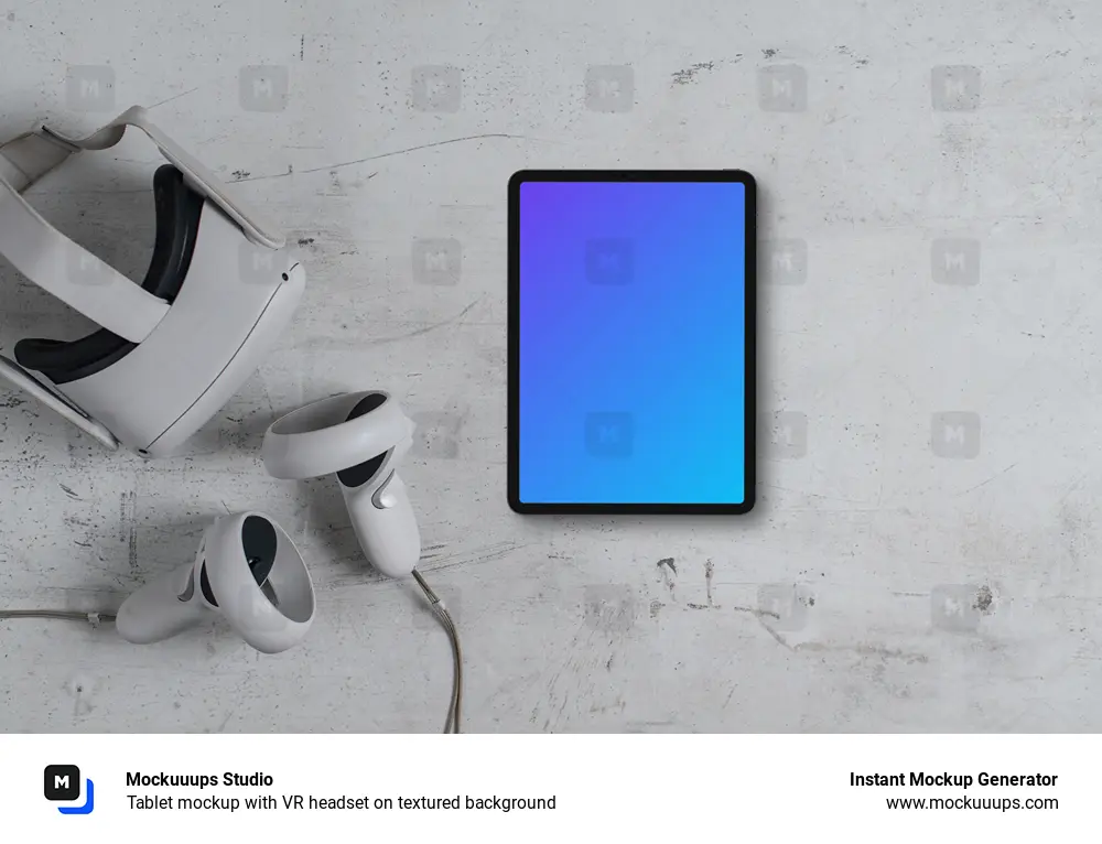 Tablet mockup with VR headset on textured background