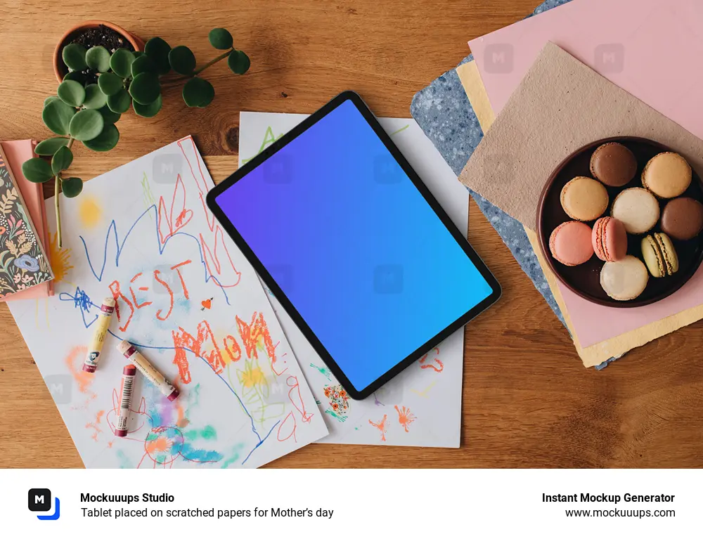 Tablet placed on scratched papers for Mother’s day