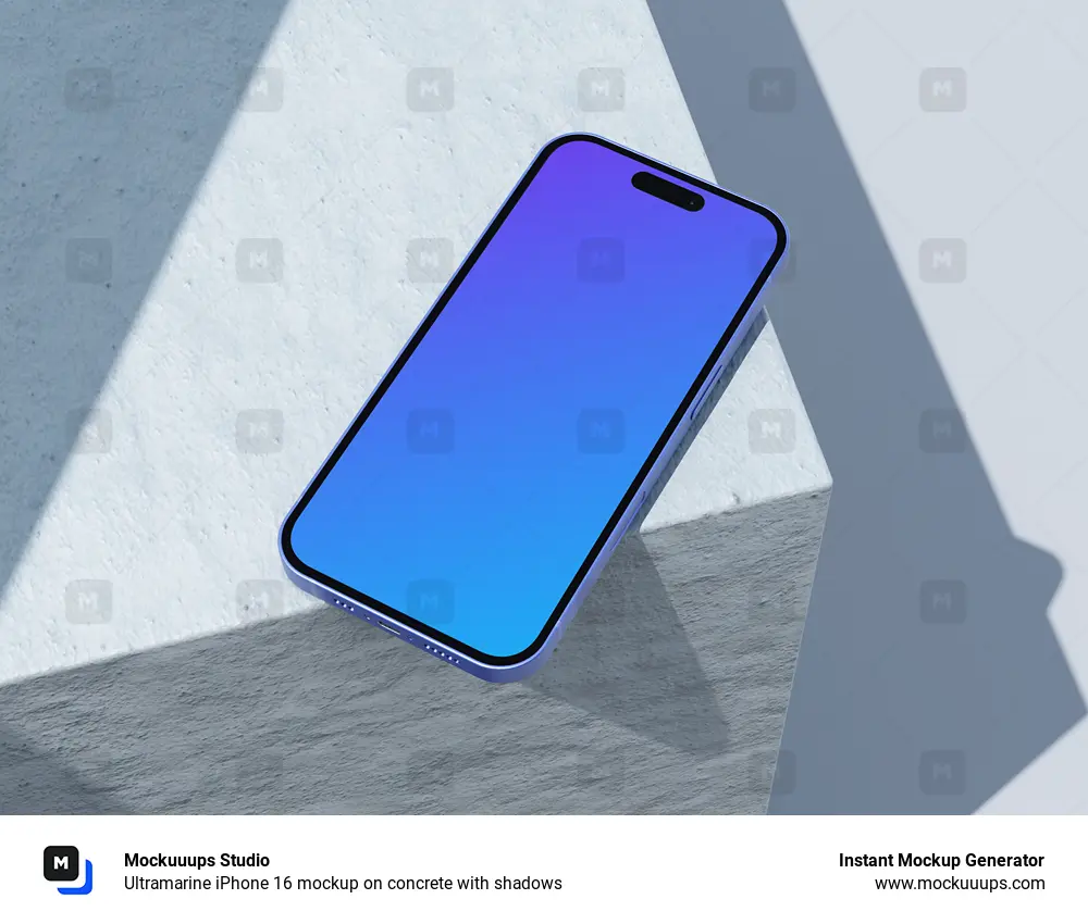 Ultramarine iPhone 16 mockup on concrete with shadows