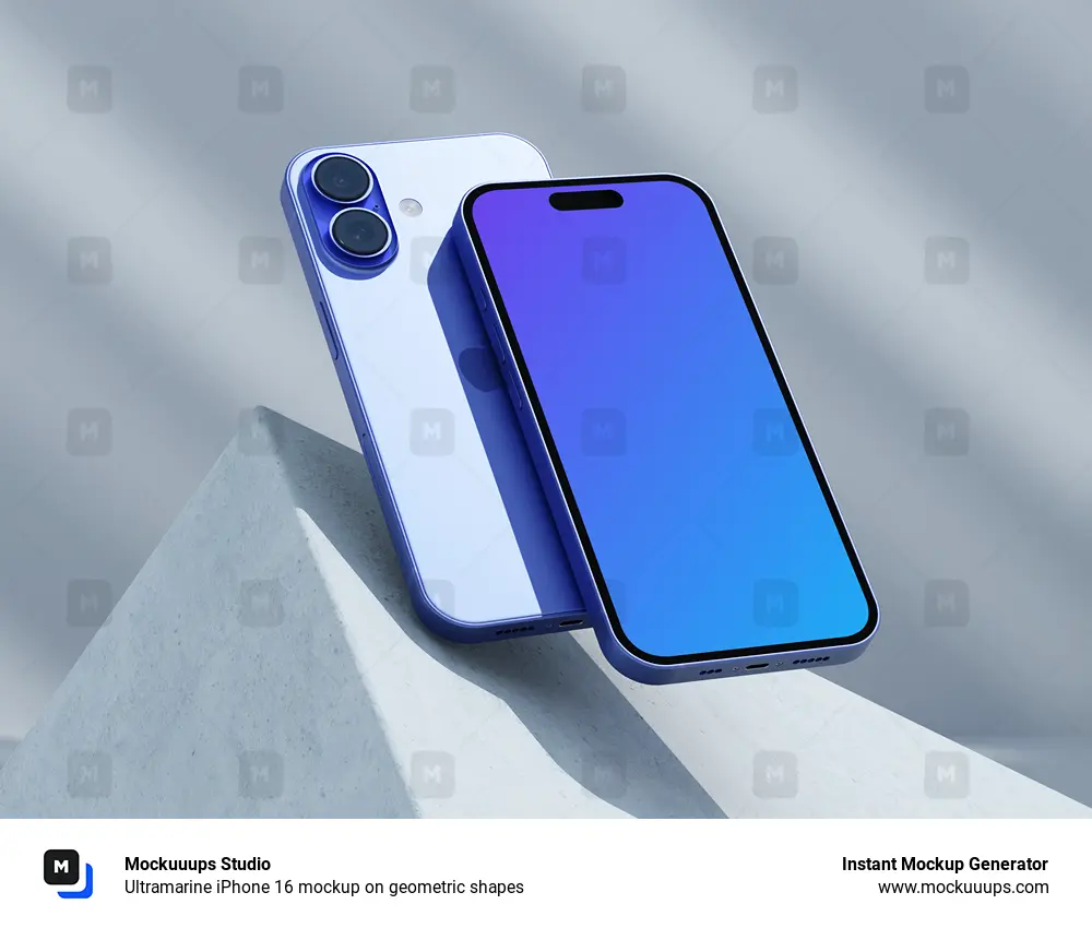 Ultramarine iPhone 16 mockup on geometric shapes