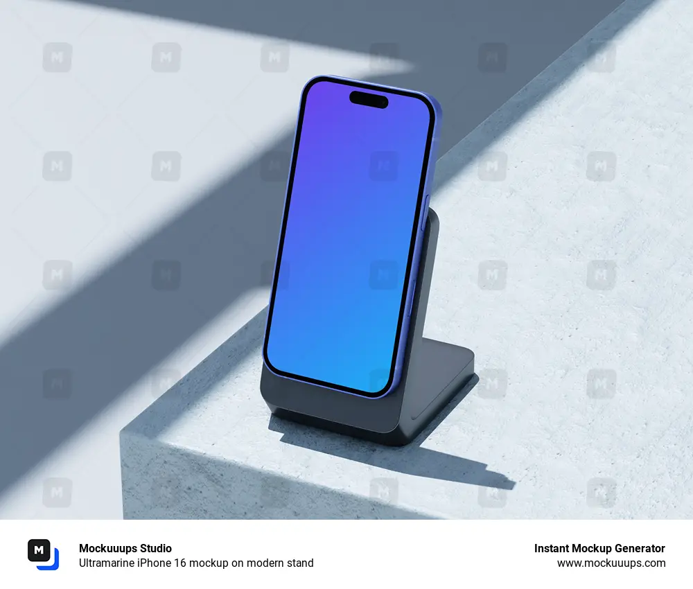 Ultramarine iPhone 16 mockup on modern stand