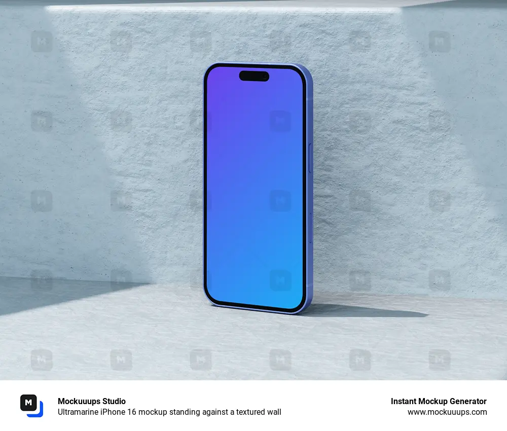 Ultramarine iPhone 16 mockup standing against a textured wall