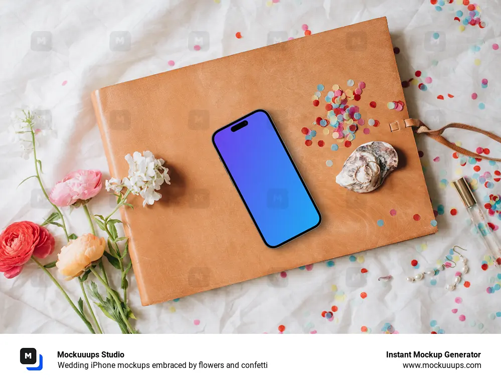 Wedding iPhone mockups embraced by flowers and confetti