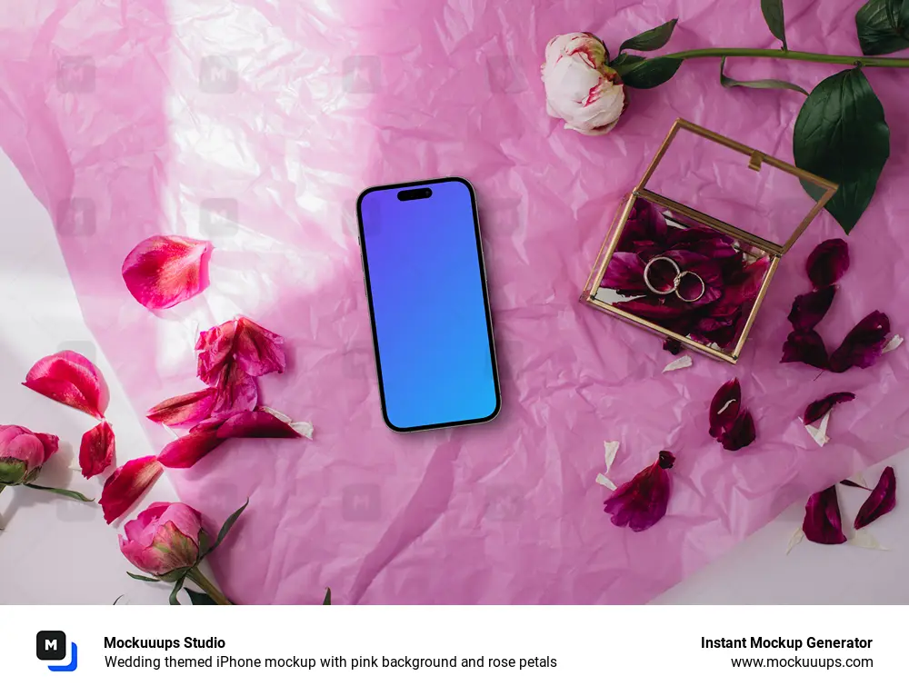 Wedding themed iPhone mockup with pink background and rose petals