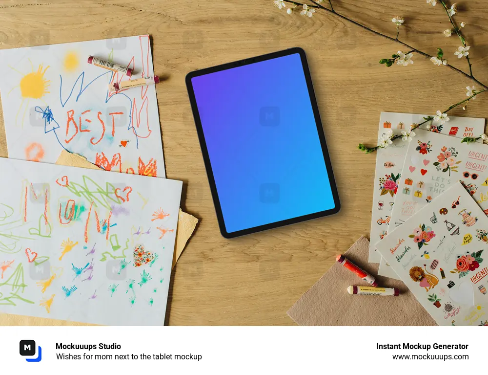 Wishes for mom next to the tablet mockup