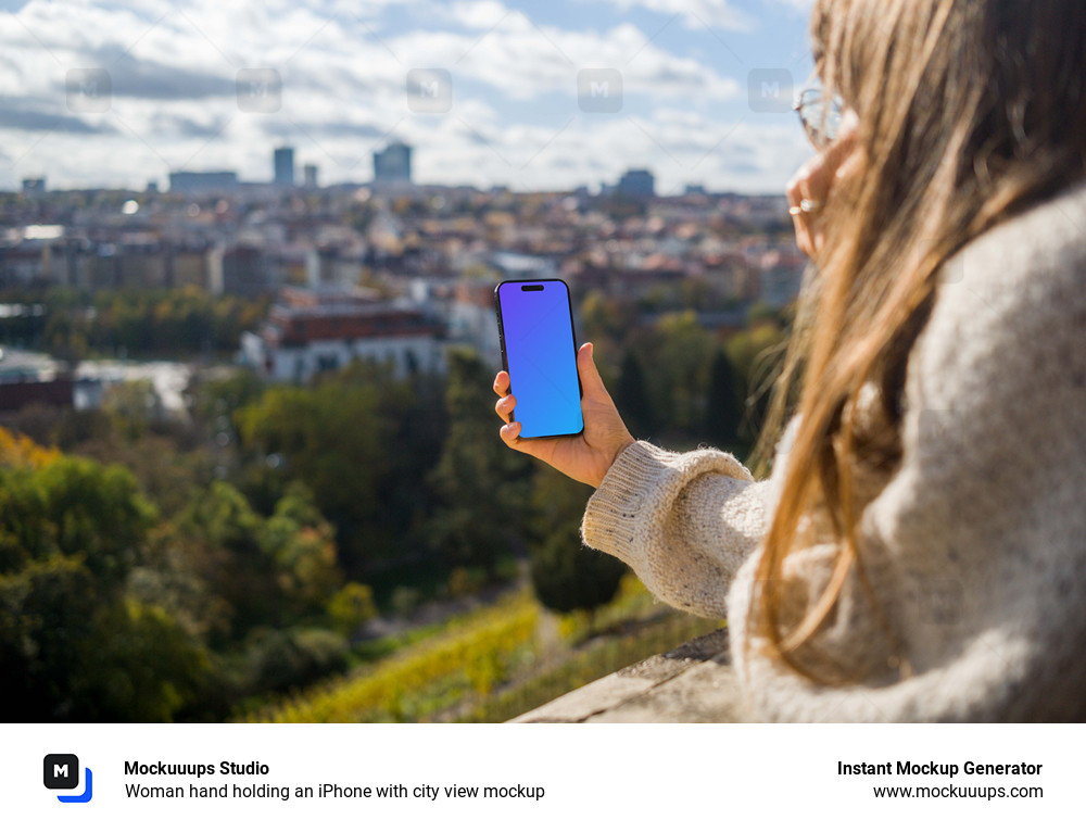 Woman hand holding an iPhone with city view mockup