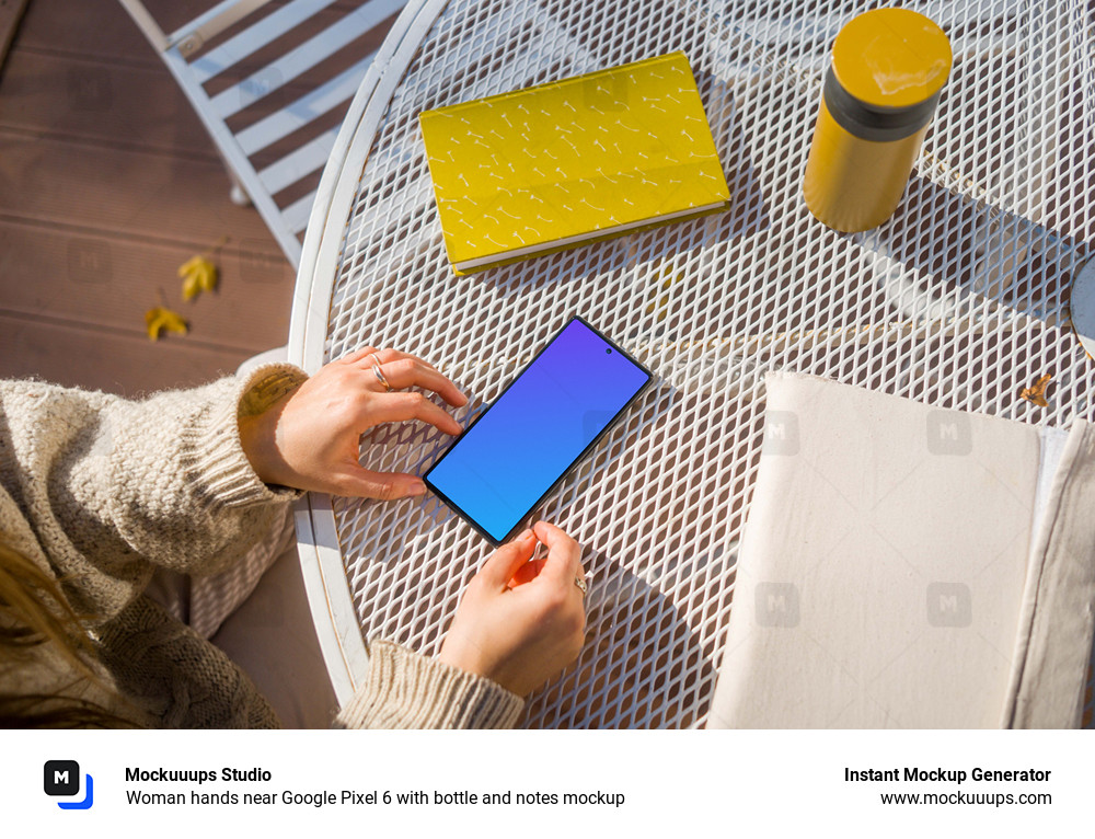 Woman hands near Google Pixel 6 with bottle and notes mockup