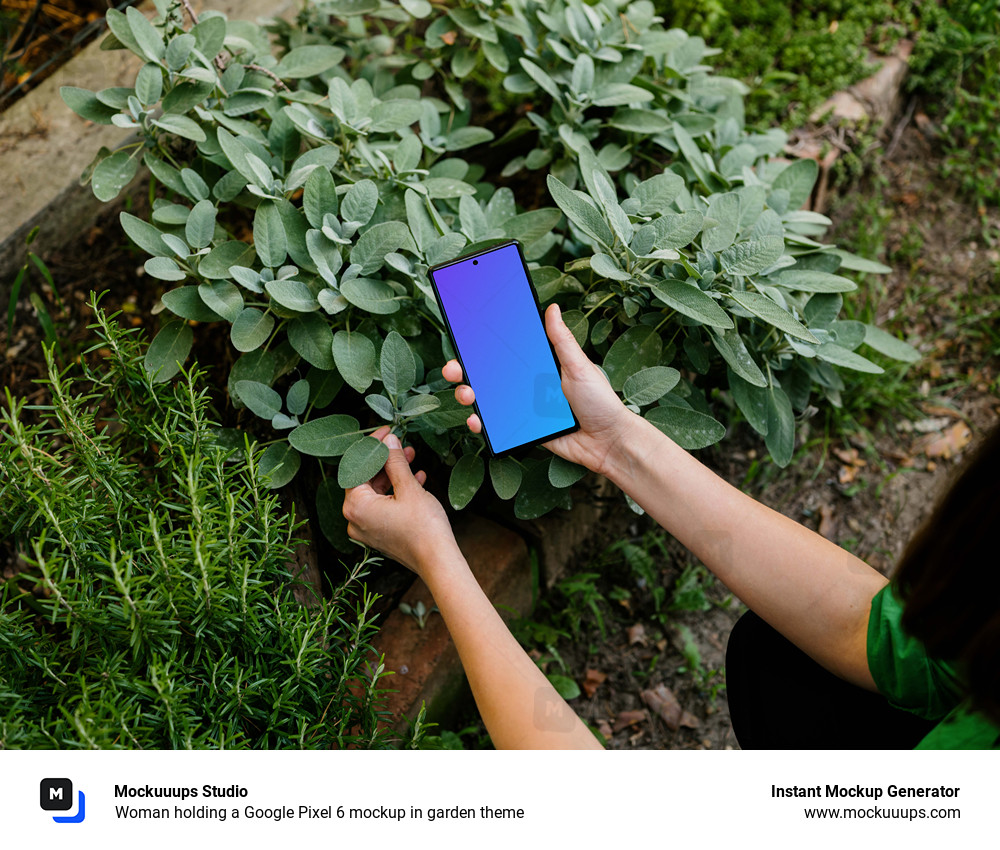 Woman holding a Google Pixel 6 mockup in garden theme