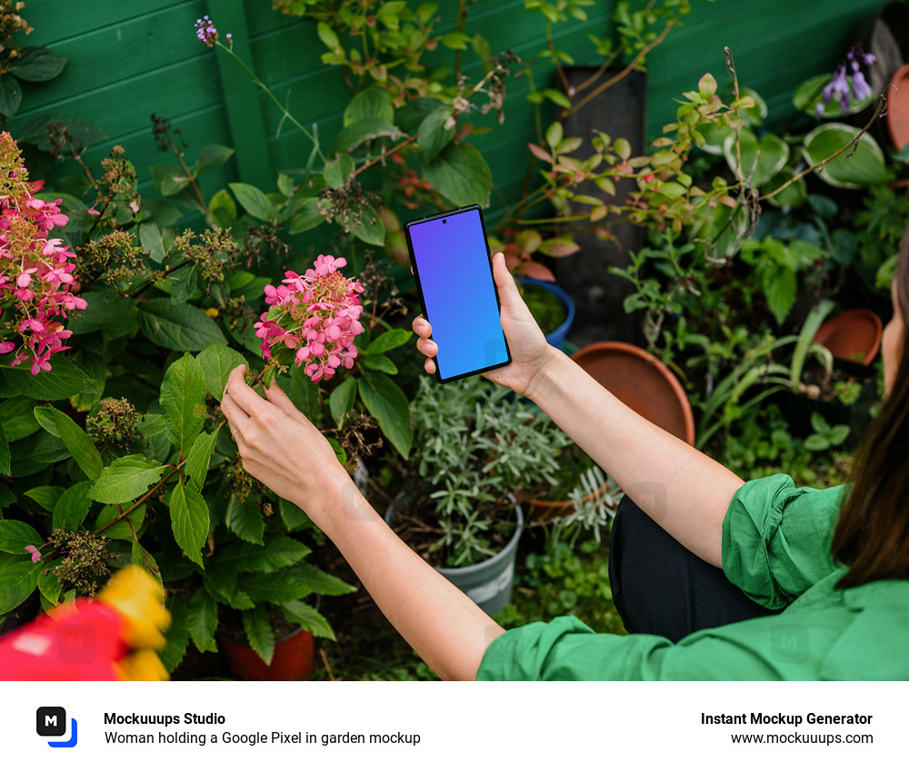 Woman holding a Google Pixel in garden mockup