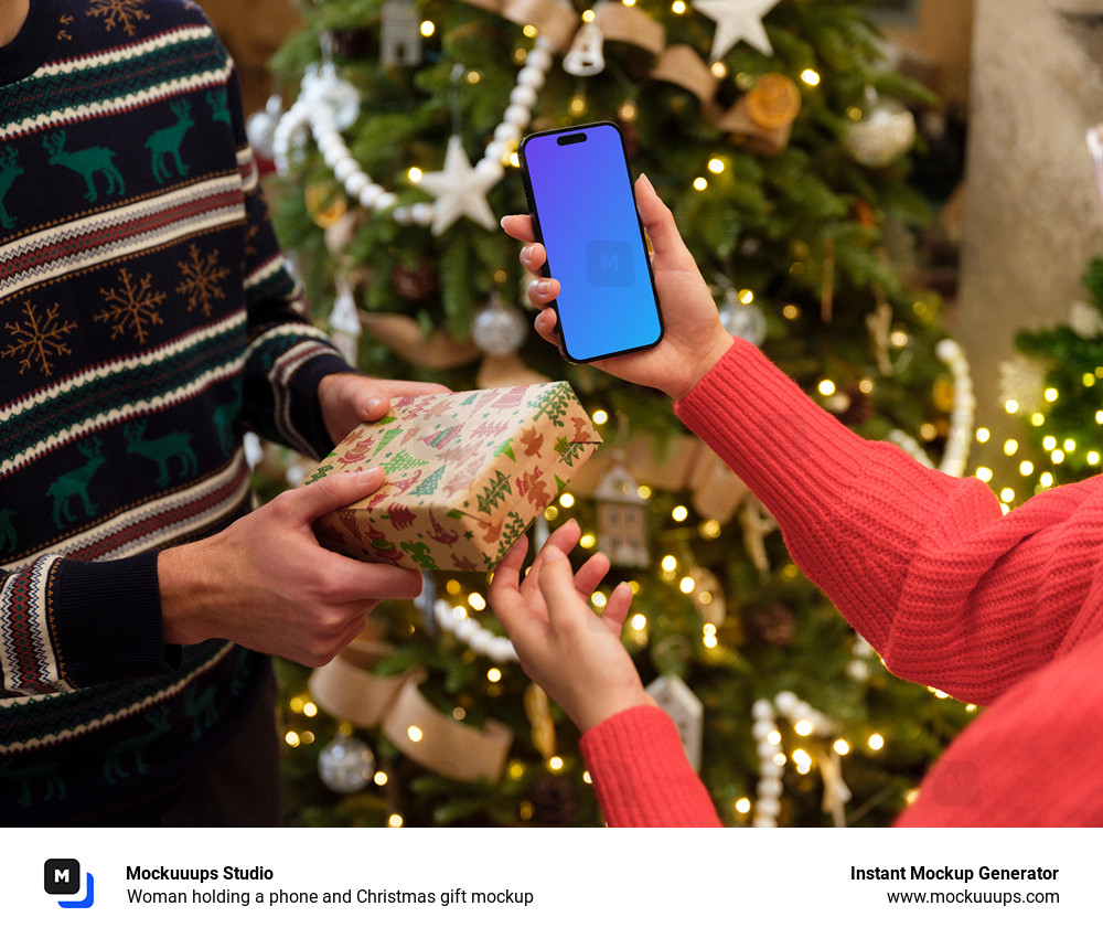 Woman holding a phone and Christmas gift mockup
