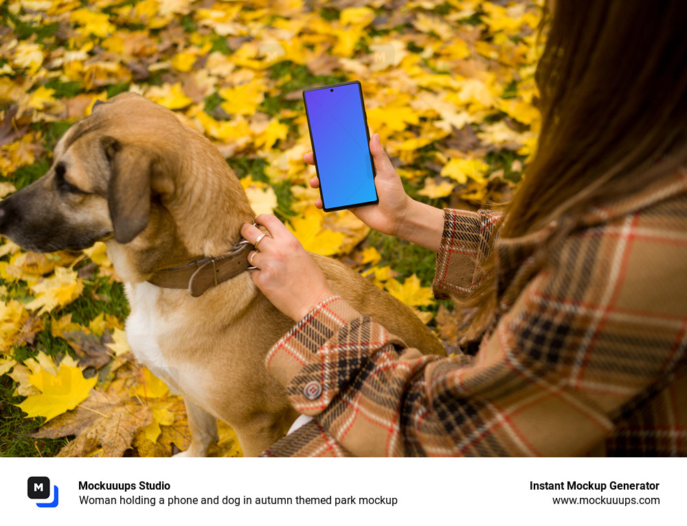 Woman holding a phone and dog in autumn themed park mockup