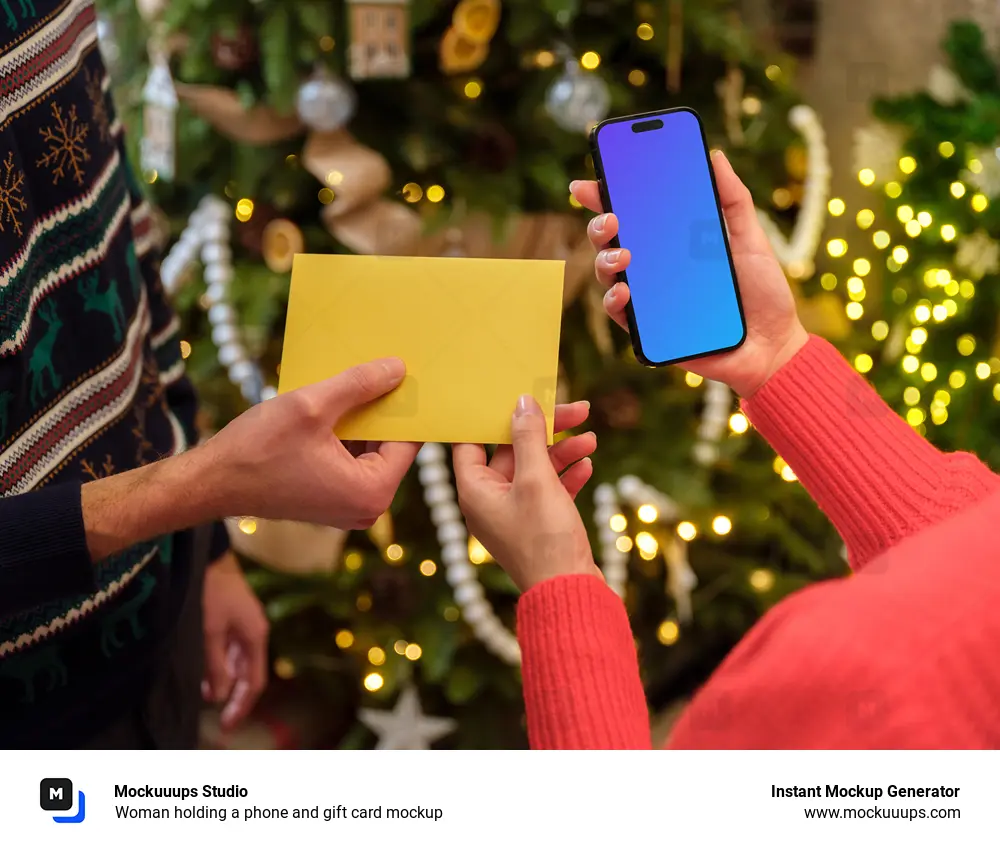 Woman holding a phone and gift card mockup