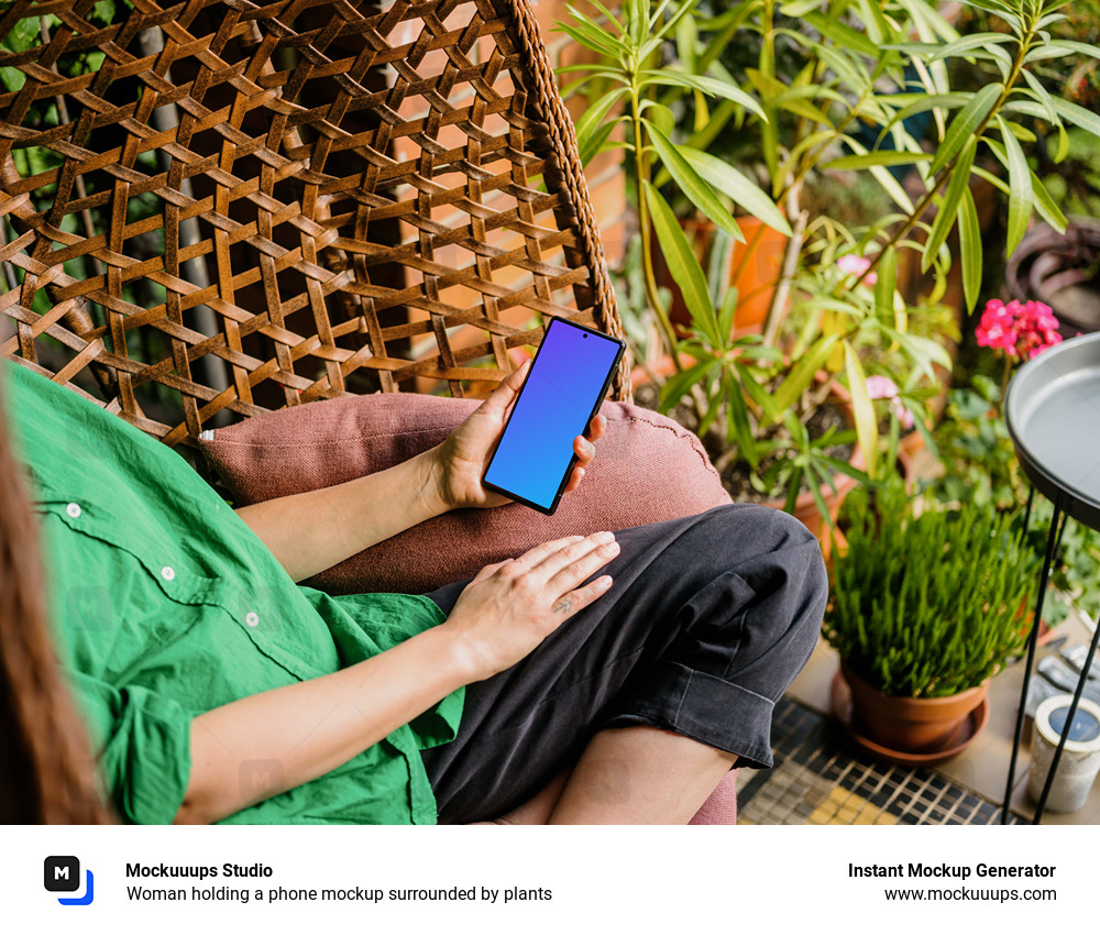Woman holding a phone mockup surrounded by plants