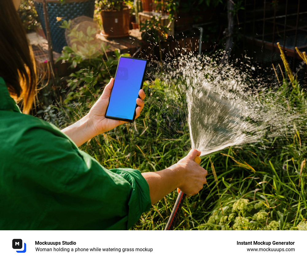Woman holding a phone while watering grass mockup