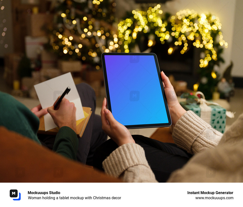 Woman holding a tablet mockup with Christmas decor
