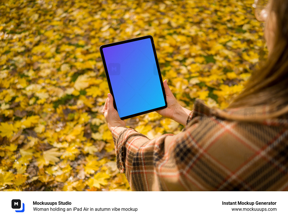 Woman holding an iPad Air in autumn vibe mockup