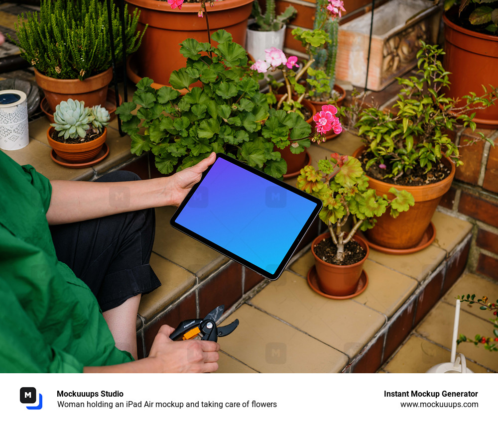 Woman holding an iPad Air mockup and taking care of flowers