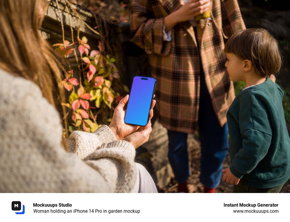 Woman holding an iPhone 14 Pro in garden mockup