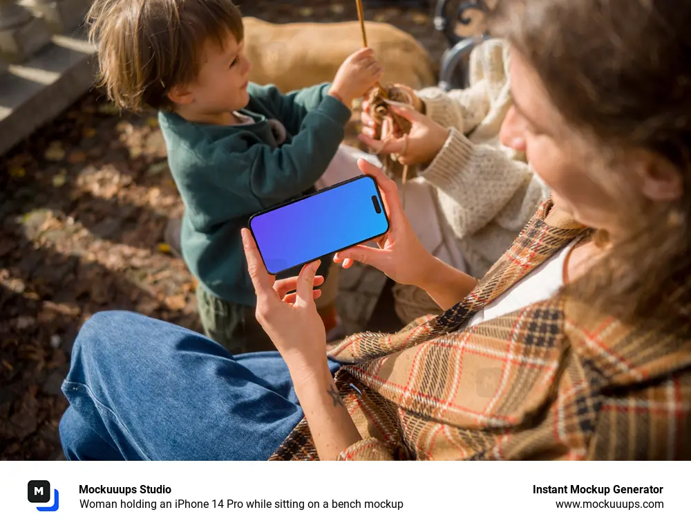 Woman holding an iPhone 14 Pro while sitting on a bench mockup