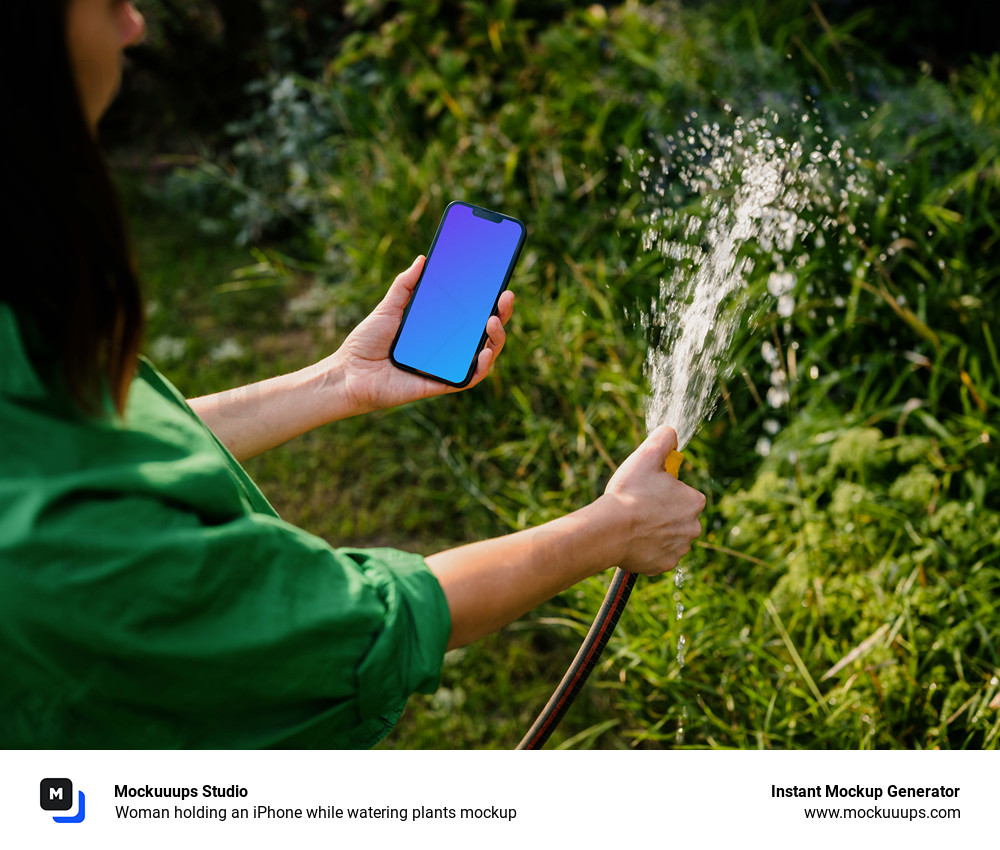 Woman holding an iPhone while watering plants mockup