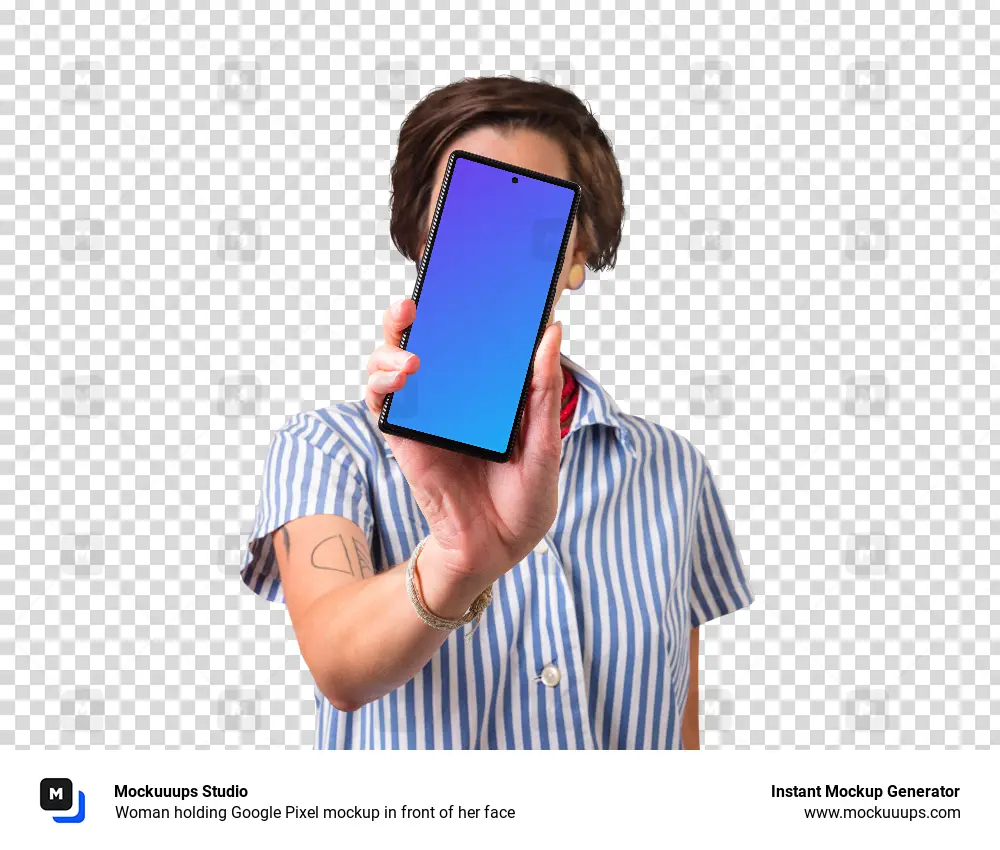 Woman holding Google Pixel mockup in front of her face