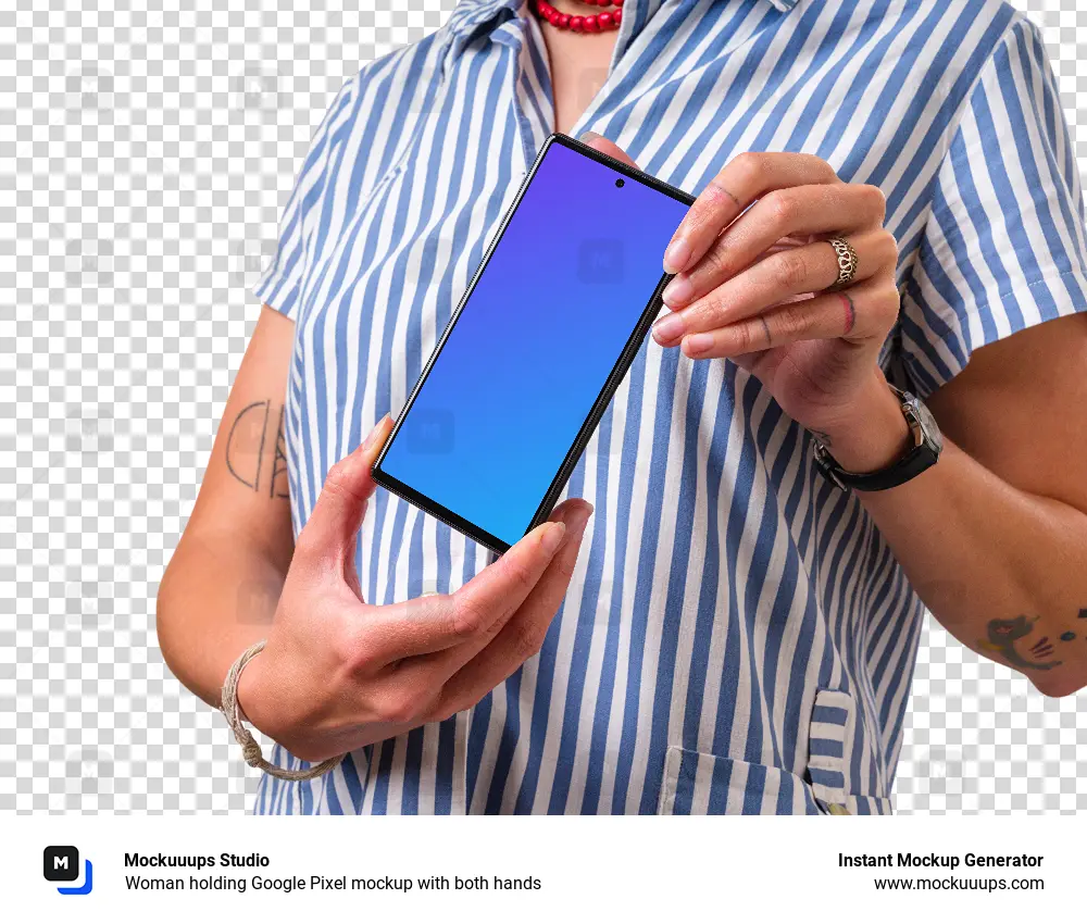 Woman holding Google Pixel mockup with both hands