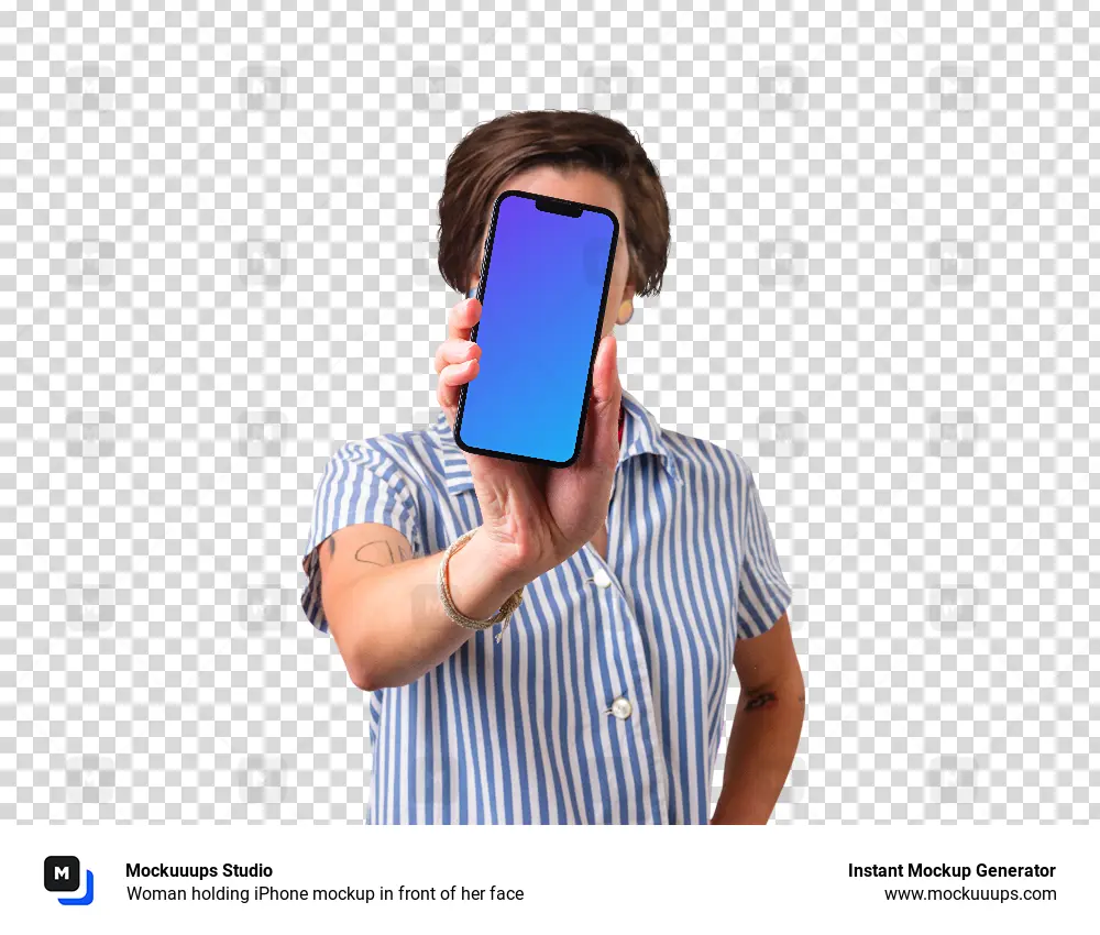 Woman holding iPhone mockup in front of her face